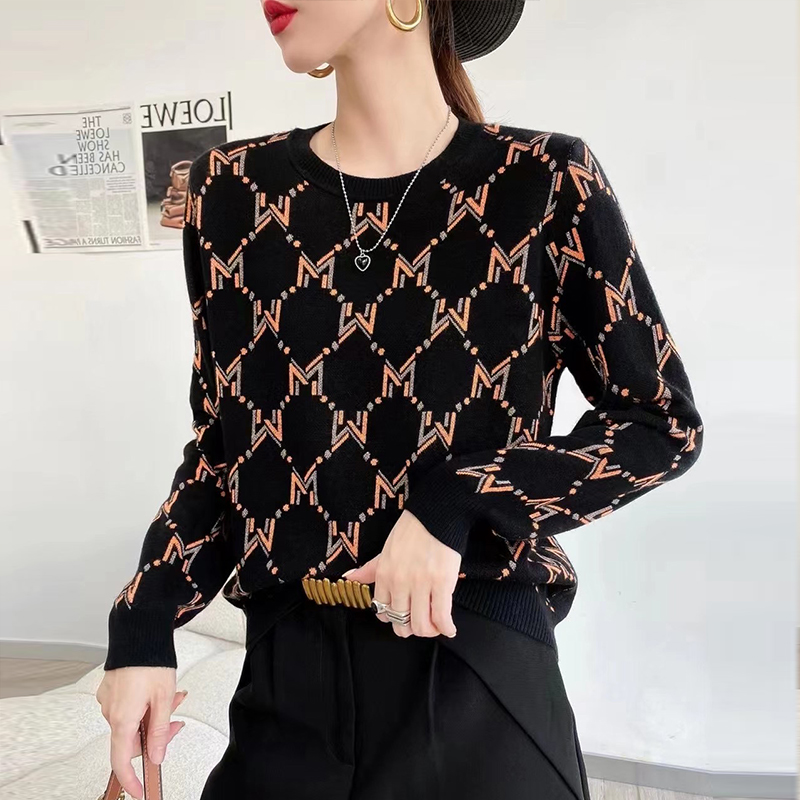 欧货秋冬爆款时尚字母提花英伦风圆领套装羊毛针织衫短款毛衣女