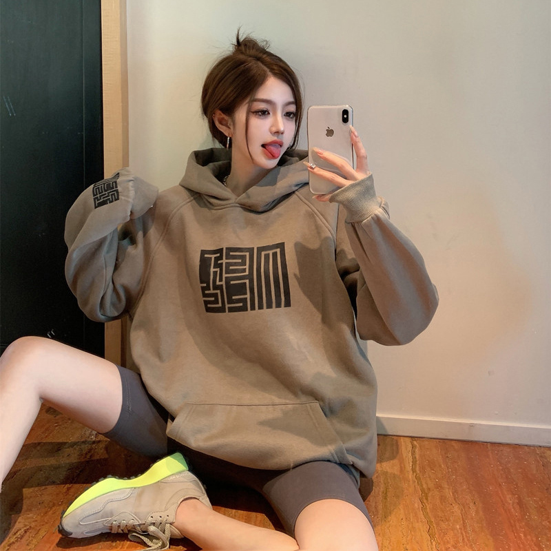 慵懒风卫衣女中长款印花连帽长袖外套春秋超火宽松百搭休闲上衣潮