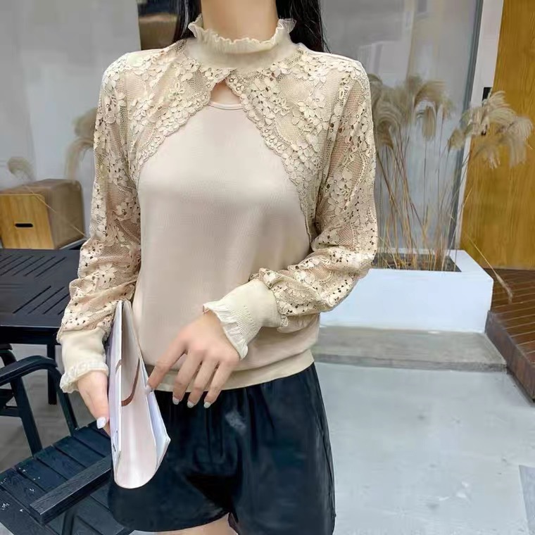 秋新款蕾丝镂空针织衫女长袖设计感打底衫