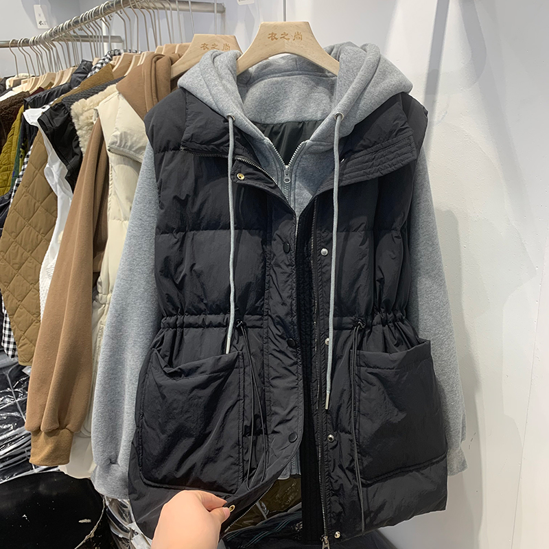 欧货假两件连帽羽绒服女中长款新款面包棉服棉衣宽松棉袄