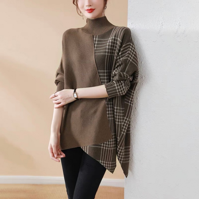 秋冬拼接套头不规则毛衣女中长款宽松外穿慵懒风针织衫蝙蝠袖上衣