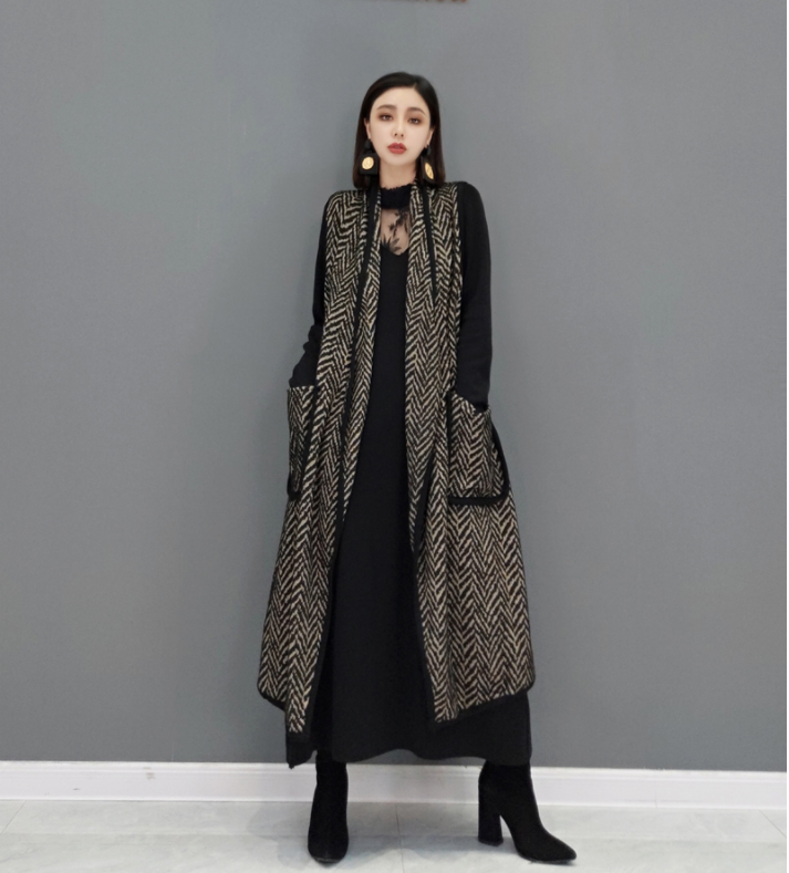 秋季新款时尚马甲韩版条纹毛呢外套马夹女装潮