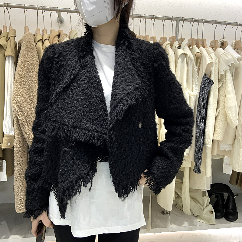 秋冬新款韩版小香风流苏翻领不规则短款外套女设计感显瘦开衫