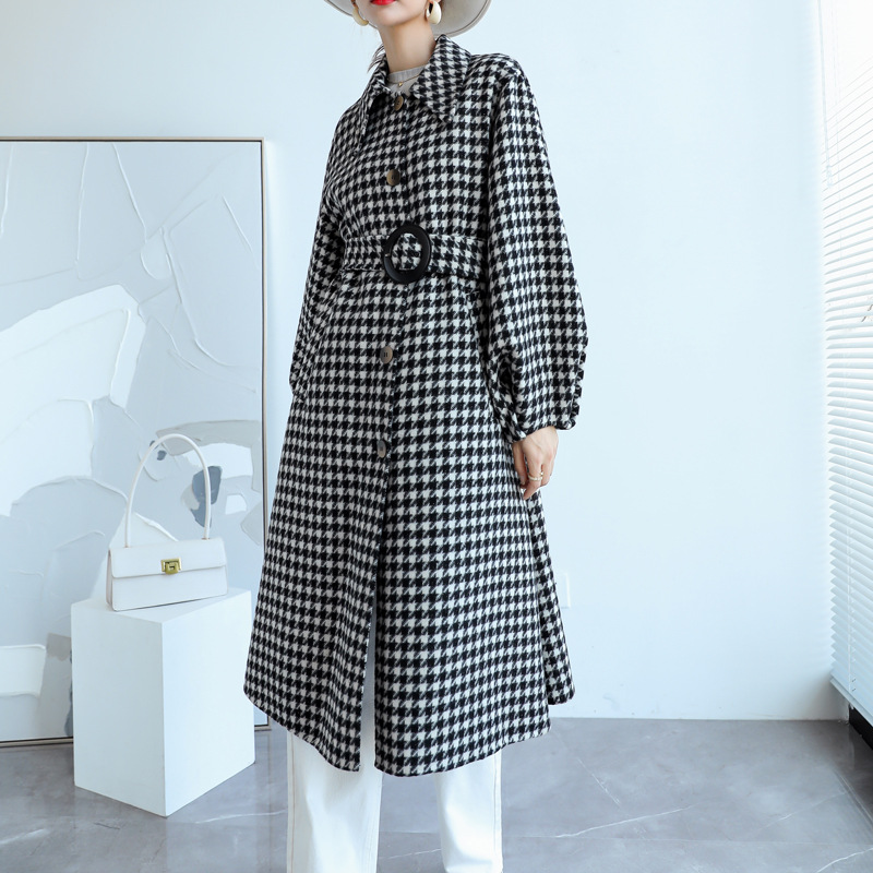 复古千鸟格羊毛大衣女赫本风宽松显瘦灯笼袖毛呢外套潮