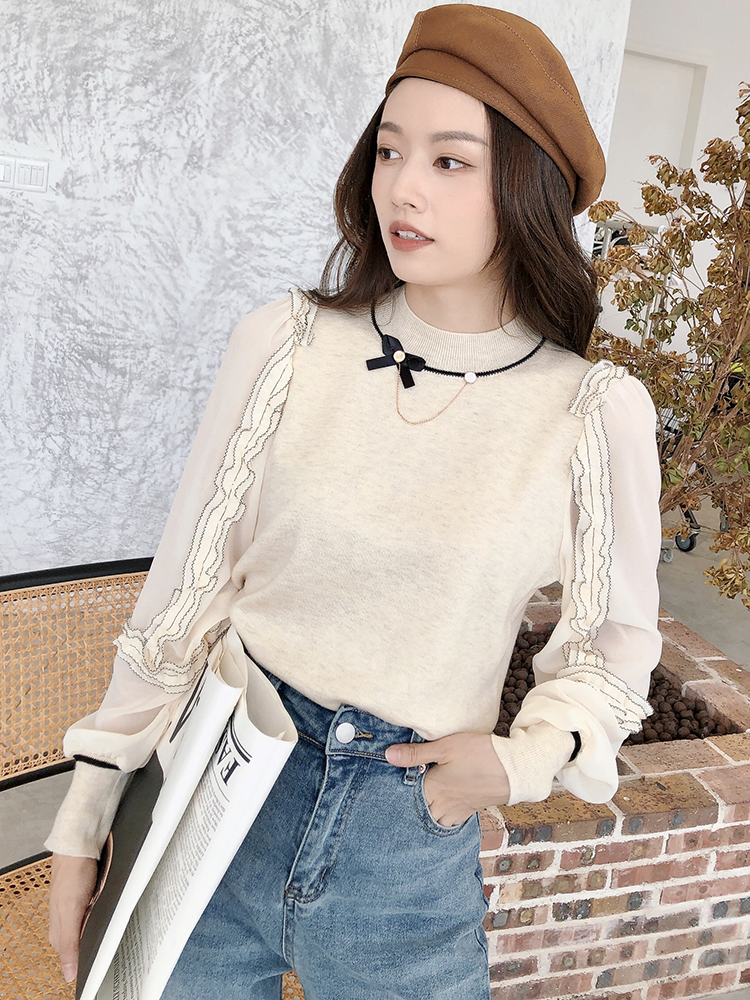 秋季杏色法式圆领雪纺袖荷叶边拼接针织上衣修身薄毛衣女