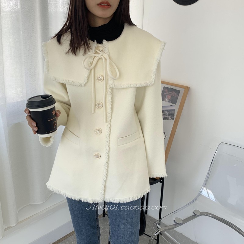 新款双面羊绒毛呢小个子短款大衣 韩版流苏海军娃娃领冬季外套女