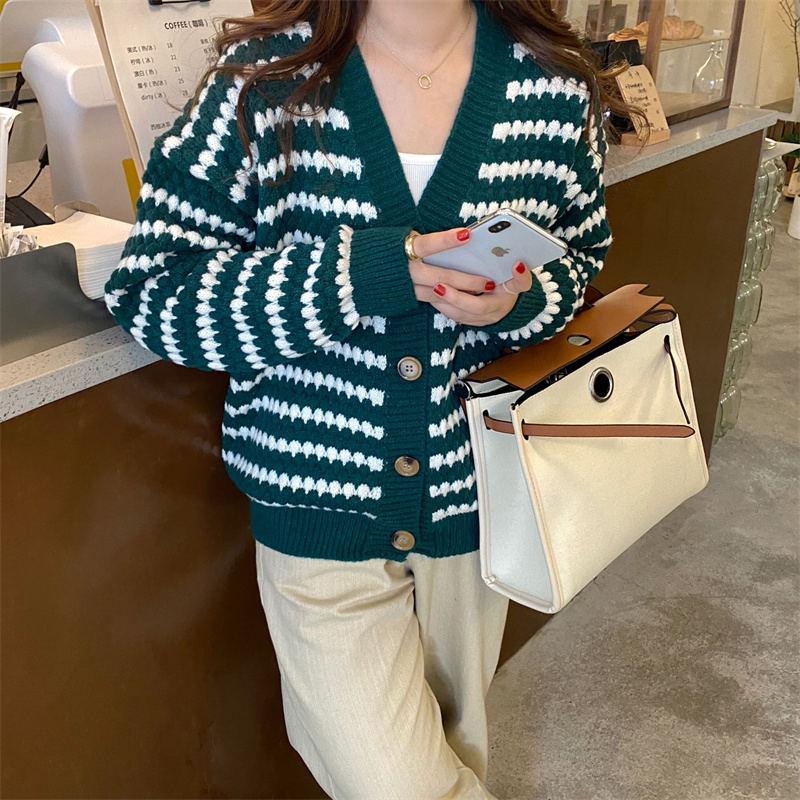 韩版慵懒宽松撞色条纹针织毛衣开衫V领长袖外套