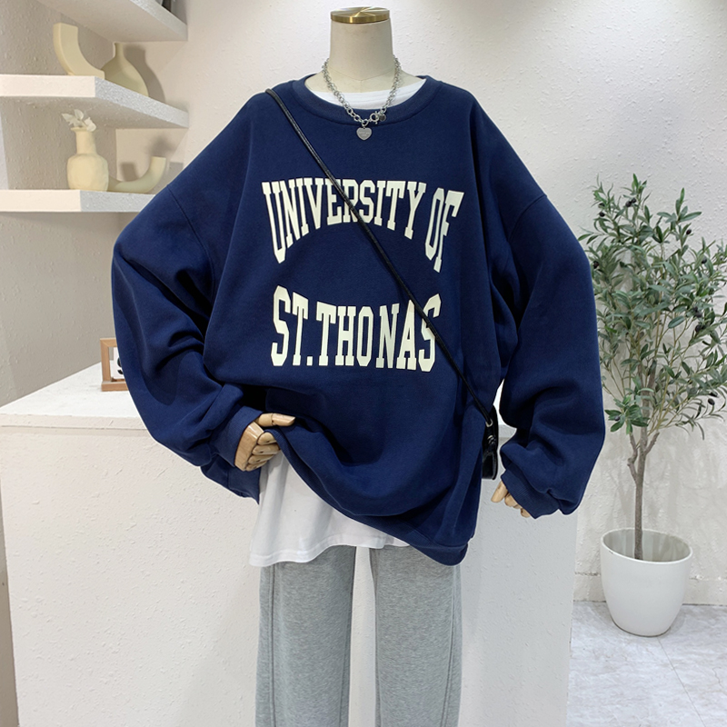 冬季新款韩版字母印花加绒长袖卫衣女宽松慵懒情侣上衣