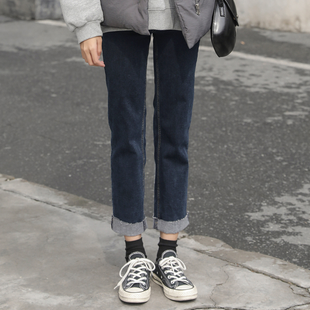 卷边牛仔裤女小个子直筒裤宽松复古裤子秋冬
