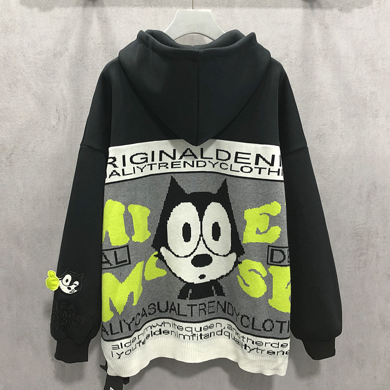 背卡通针织拼接中长款休闲连帽卫衣女韩版宽松外套潮