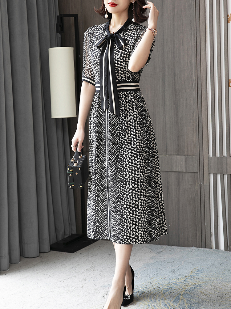 新款大牌桑蚕丝高端千鸟格中长系带裙子夏季