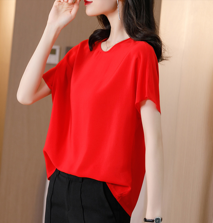 桑蚕丝洋气小衫女夏季新款休闲百搭圆领短袖真丝T恤上衣