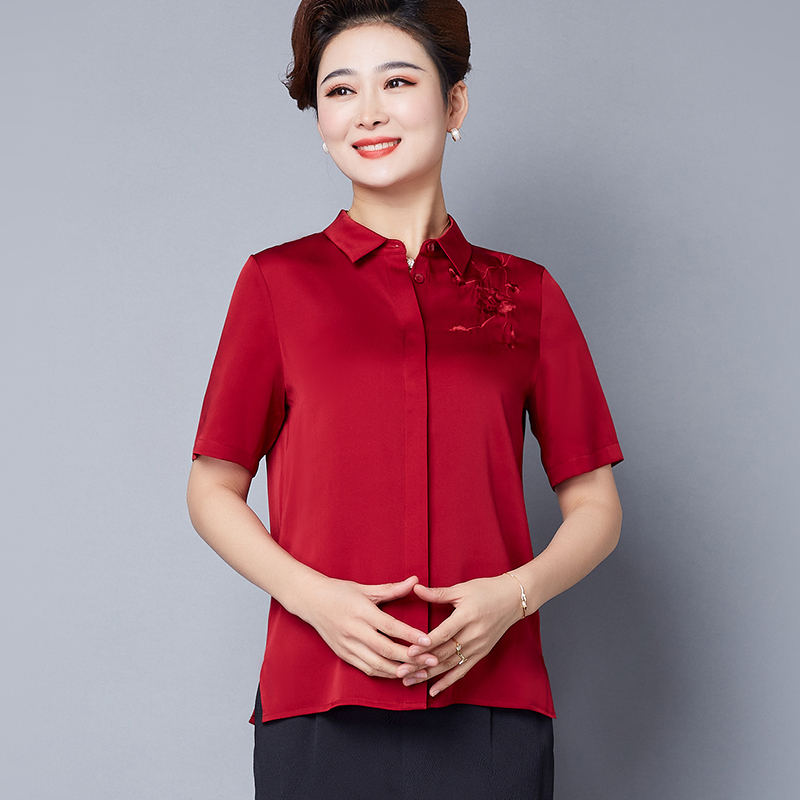 重磅真丝短袖衬衫女绣花桑蚕丝绸上衣