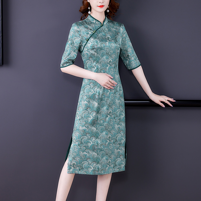 真丝连衣裙女装夏季中长薄款妈妈优雅气质改良旗袍裙子