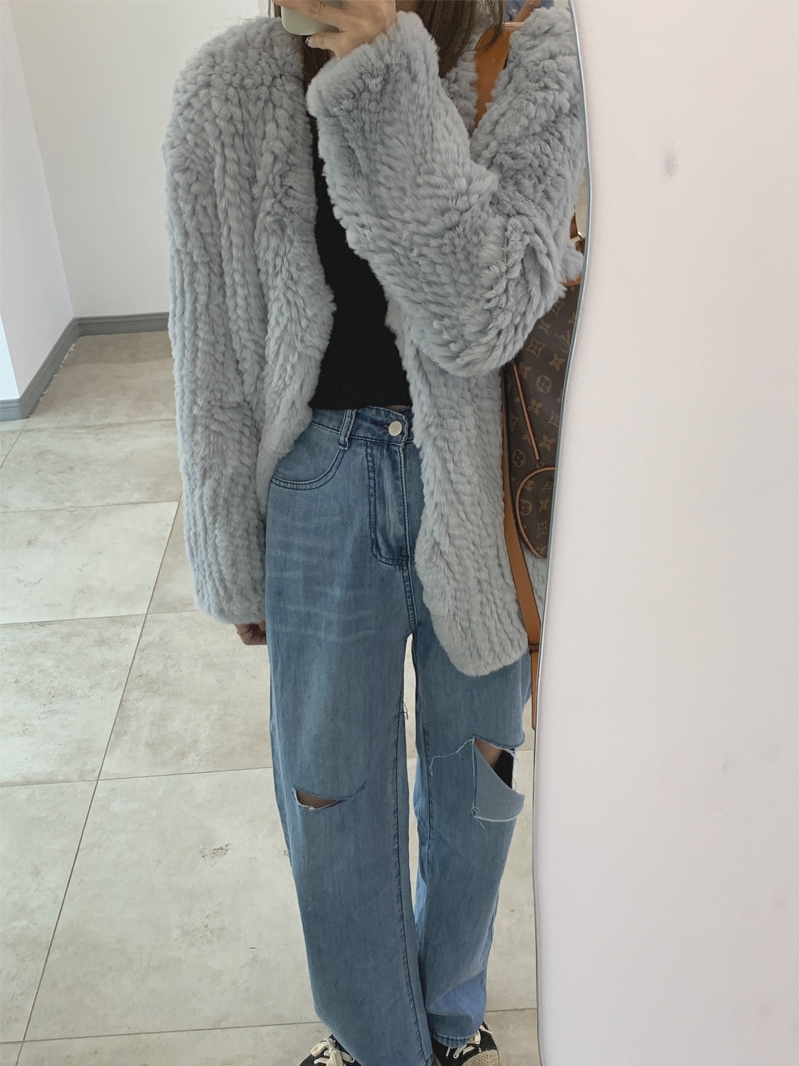 新v领编织皮草獭兔毛双面外套女装年轻款大衣慵懒宽松中长