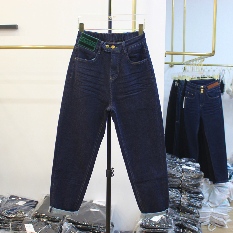 深蓝牛仔裤女加绒加厚松紧腰宽松哈伦垮裤