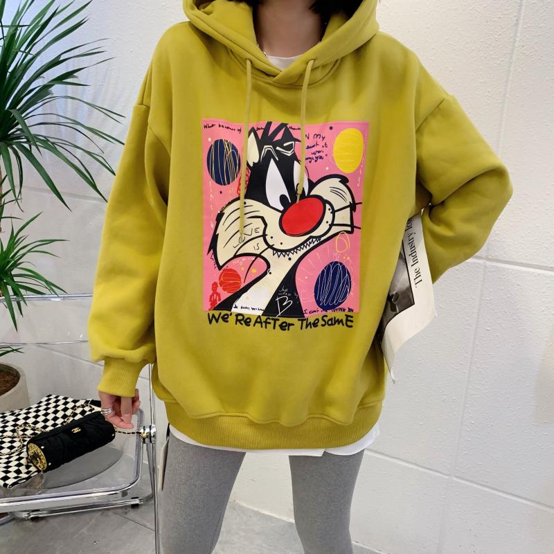 加绒卡通印花卫衣女秋冬韩版连帽宽松长袖减龄学生上衣打底衫