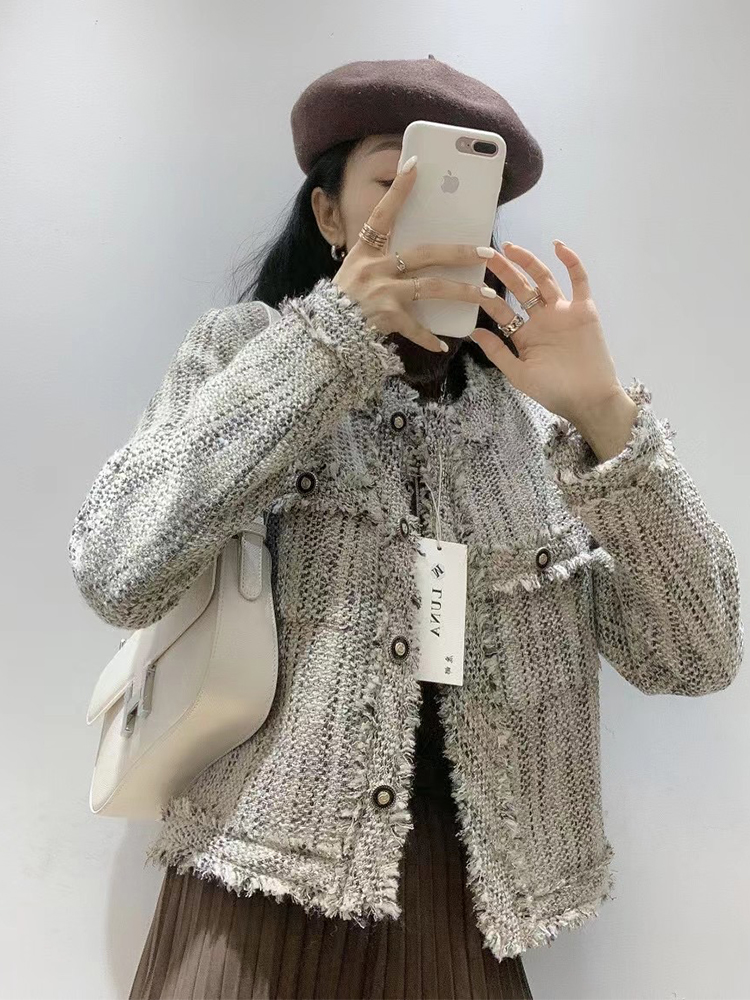 新款欧货女装法式小香风名媛气质长袖粗花呢短外套