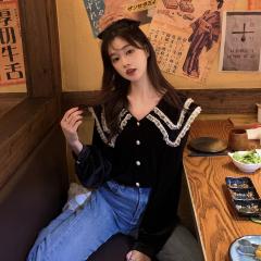 复古蕾丝领拼接丝绒气质衬衫大码甜美减龄遮肉别致上衣