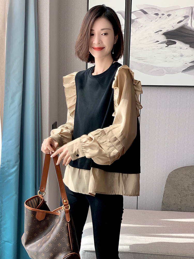 拼接荷叶边衬衫女秋款欧洲站新款欧货潮ins时尚假两件上衣