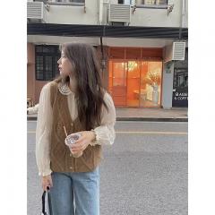 早秋新款甜美温柔气质v领系扣无袖针织马甲背心女