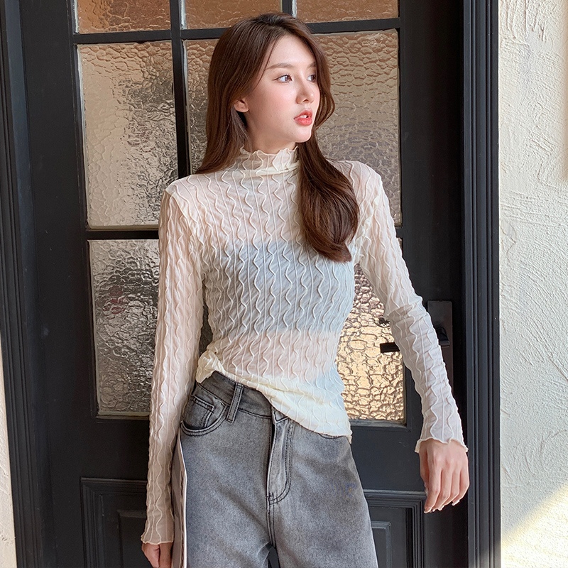 新款网纱蕾丝打底衫女秋冬堆堆领洋气修身气质内搭白色上衣服