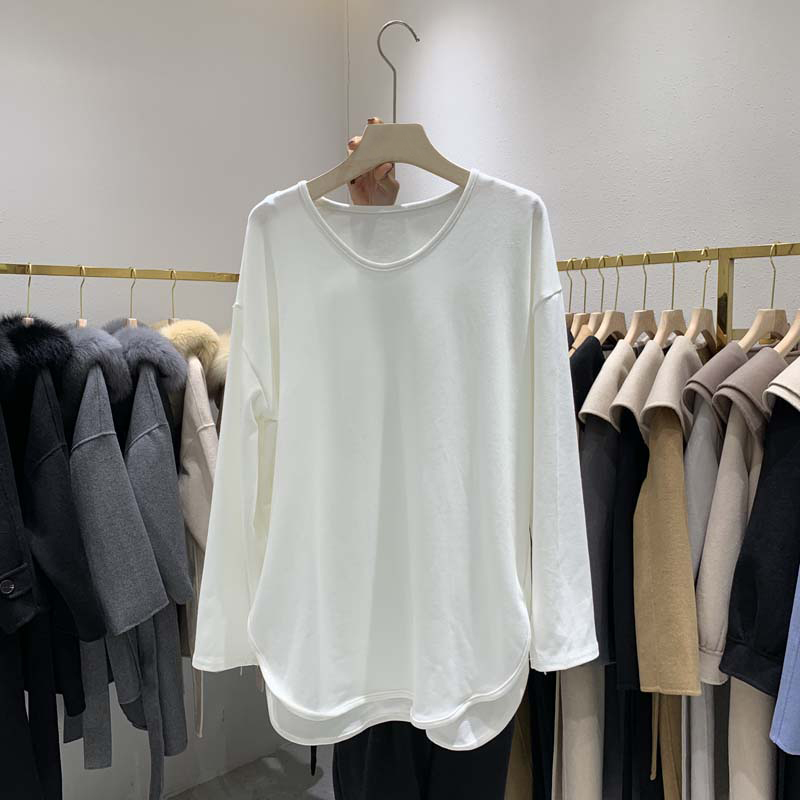 韩国东大门秋冬时尚长袖U领加绒纯棉套头开衩文艺百搭打底上衣女