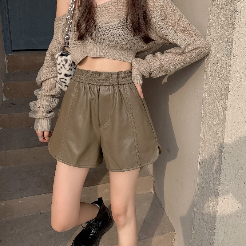 新款韩版高腰显瘦开叉皮短裤女阔腿休闲裤