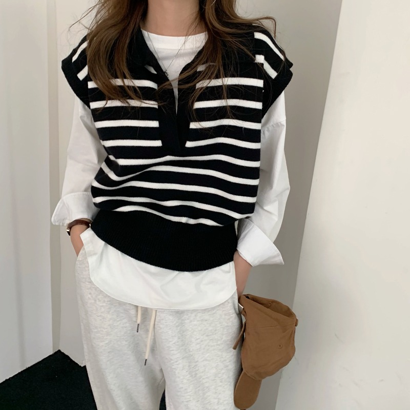 秋季韩系撞色条纹POLO领针织马甲短款背心女无袖马夹上衣潮