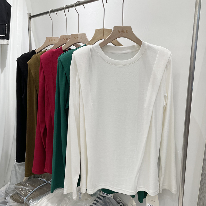 网红净色垫肩长袖T恤女