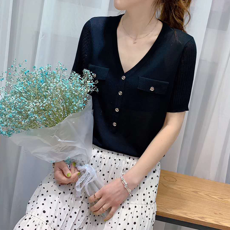 欧货天丝针织衫女短袖V领polo衫夏新款韩版宽松显瘦打底薄衫