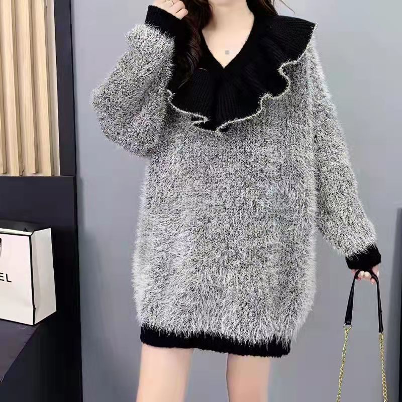 秋冬亮丝毛衣女宽松慵懒加厚保暖冬季中长款针织套头上衣