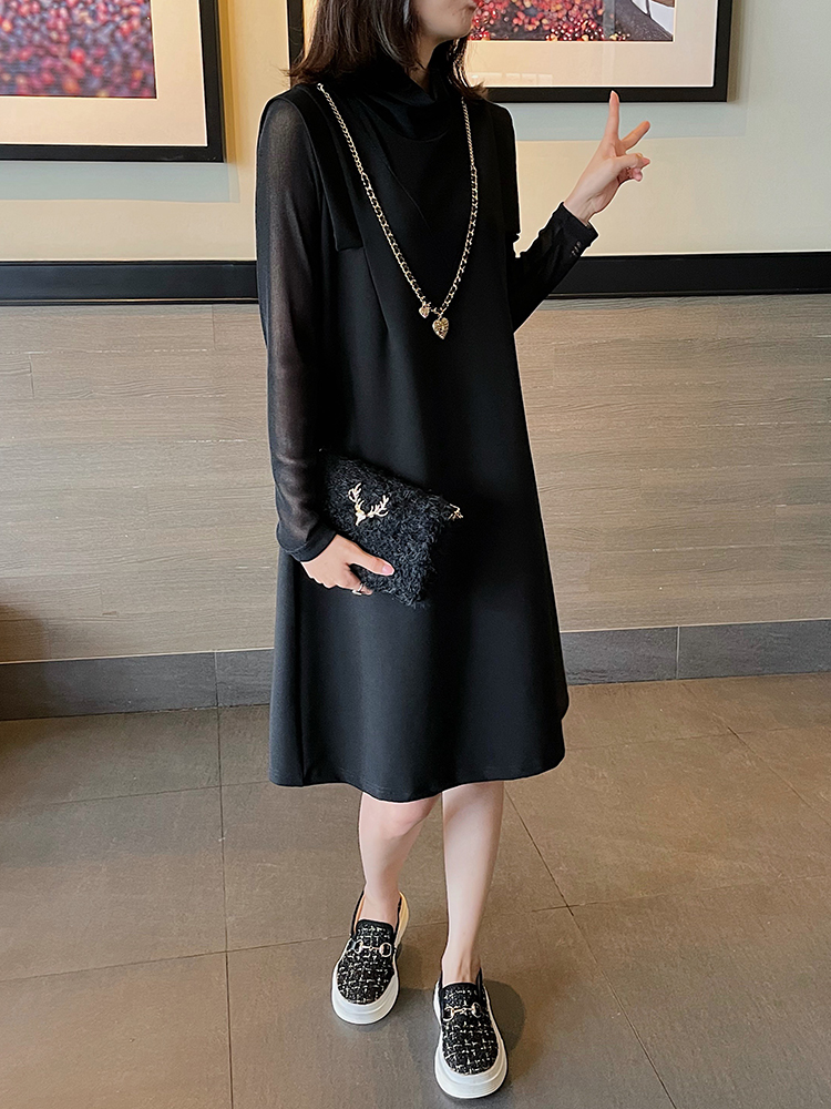 复古赫本风黑色连衣裙女早秋新款女装小众长袖拼接显瘦A版裙