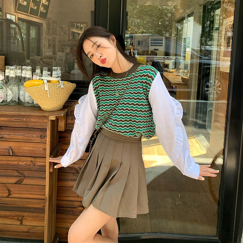 条纹卫衣女春秋新款时尚小众设计感打底衫韩版长袖绿色上衣