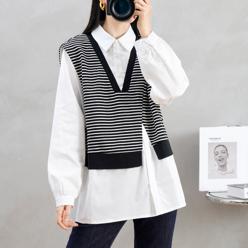 秋冬新款假两件衬衫条纹马甲不对称下摆衬衣欧货女