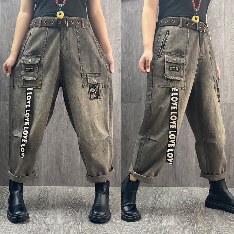 秋季新牛仔哈伦裤女宽松大码显瘦个性铆钉时尚贴布口袋做旧垮裤潮