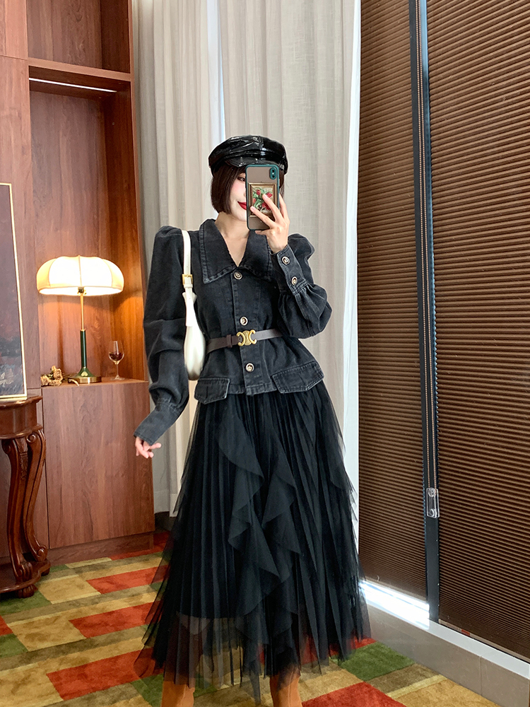 复古港风中长款高腰网纱半身裙