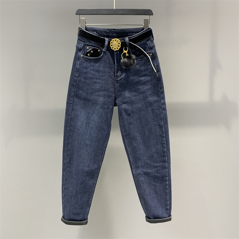 秋冬新款高腰底抓毛小脚牛仔哈伦裤女百搭显瘦萝卜裤长裤潮