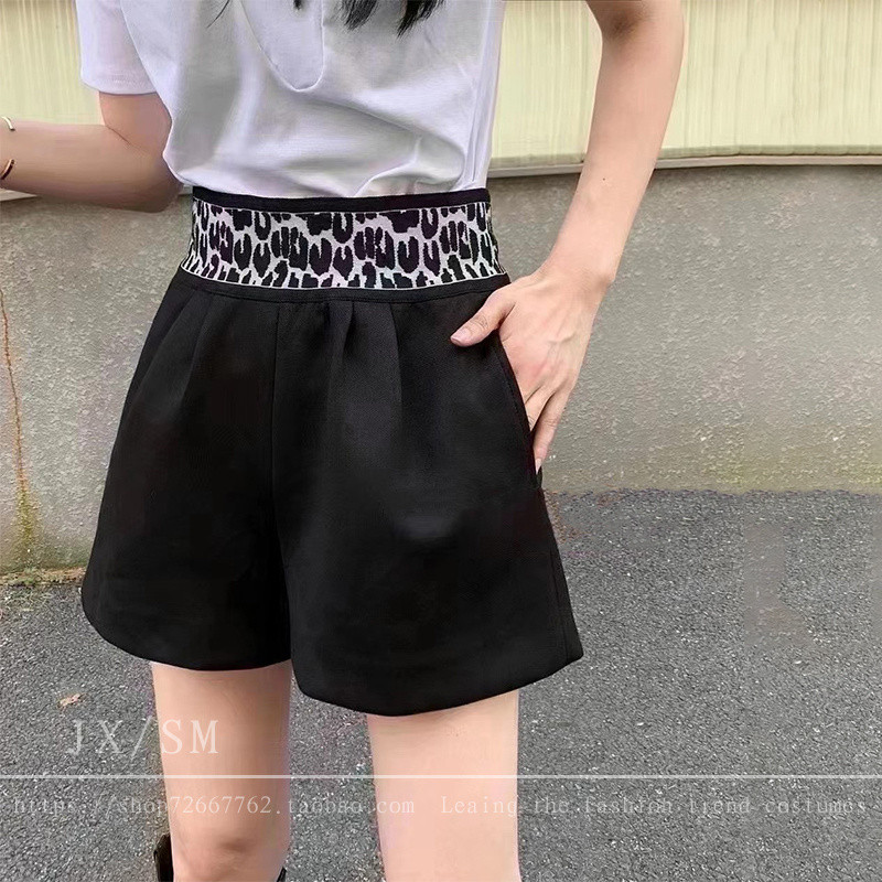 设计感小众拼豹纹高腰a字阔腿休闲短裤女