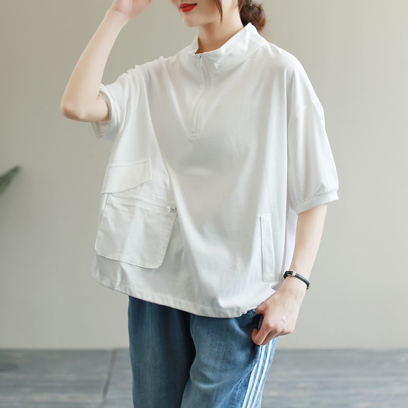 夏装新款拉链立领卫衣女宽松大码休闲百搭短袖套头上衣