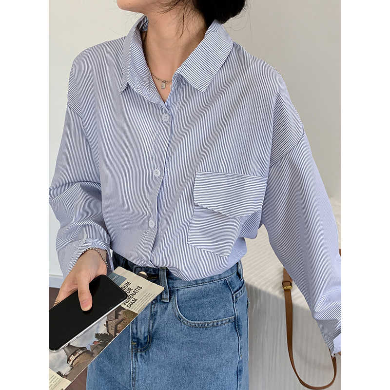设计感小众条纹衬衫春秋新款港风chic长袖上衣外套洋气时尚