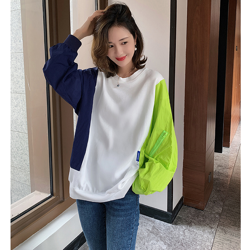 时尚减龄拼接薄款卫衣女中长款新款宽松长袖上衣女