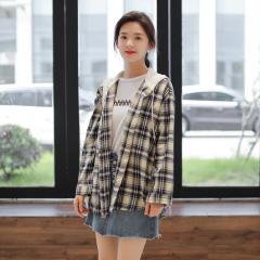 连帽格子衬衫外套女2022春新款学院风宽松百搭长袖衬衣小清新上衣