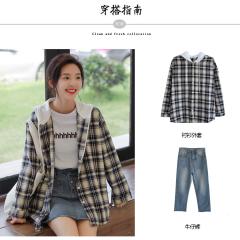 连帽格子衬衫外套女2022春新款学院风宽松百搭长袖衬衣小清新上衣