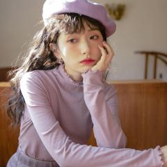 木耳边打底衫长袖T恤上衣女半高领修身纯色减龄甜美