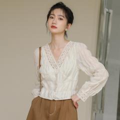 质V领蕾丝衬衫女温柔雪纺衫新款流行小衫很仙的上衣衬衣