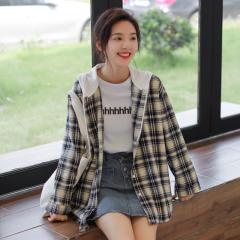 连帽格子衬衫外套女2022春新款学院风宽松百搭长袖衬衣小清新上衣