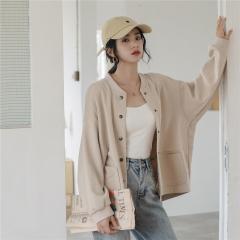 棒球外套女学生简约纯色秋季新款单排扣宽松bf蝙蝠袖开衫外套上衣