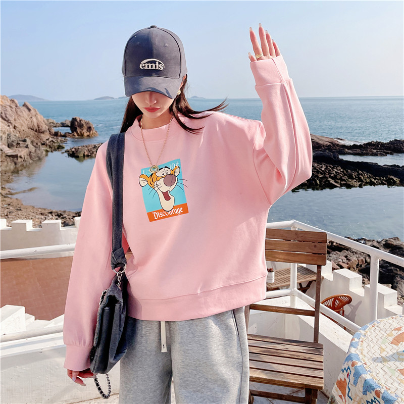 新款春秋季老虎头印花韩版宽松百搭小个子圆领卫衣女