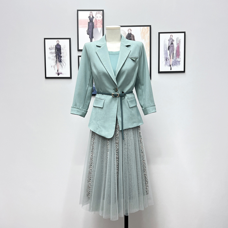 新款轻熟风职业套装西装两件套碎花网纱连衣裙